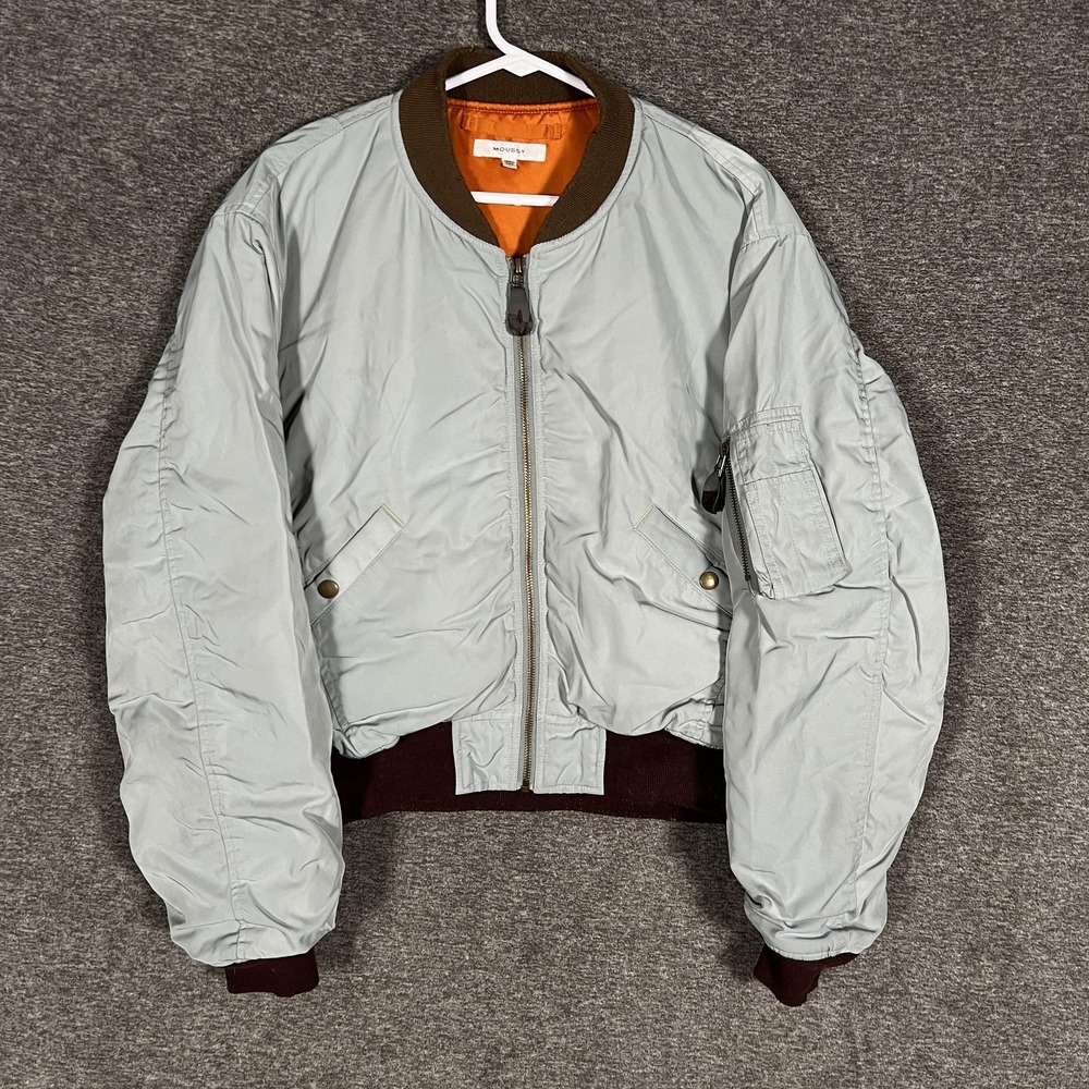 MOUSSY Bomber Jacket Womens 1 Gray‎ 3M Thinsulate Lined Full Zip Orange Rib Trim